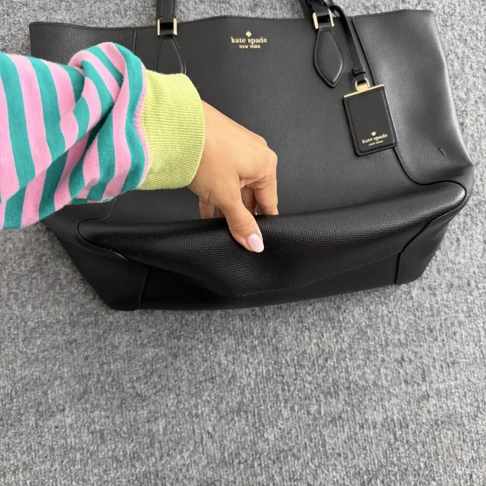 Kate Spade Poppy Large Black Leather Tote Bag Beige Lining Work Office Travel